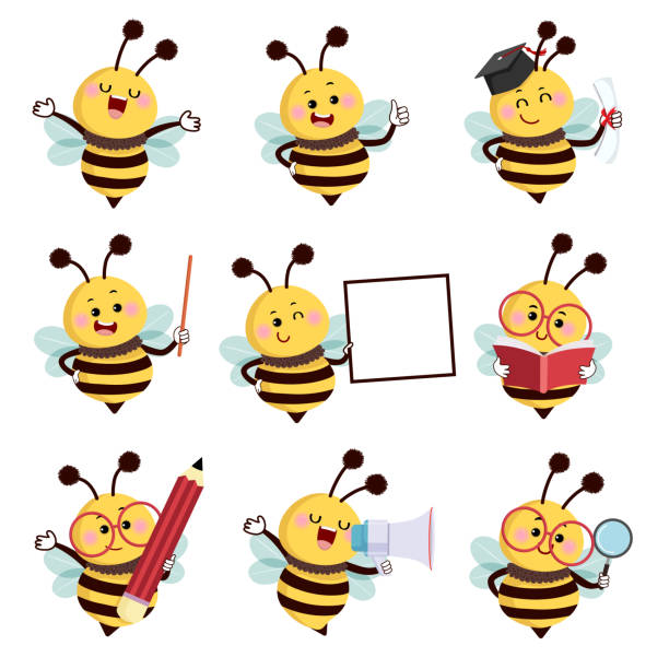 ilustraciones, imágenes clip art, dibujos animados e iconos de stock de conjunto de ilustración vectorial de personajes de mascotas de abejas de dibujos animados felices en diferentes poses en el concepto de educación. - abeja