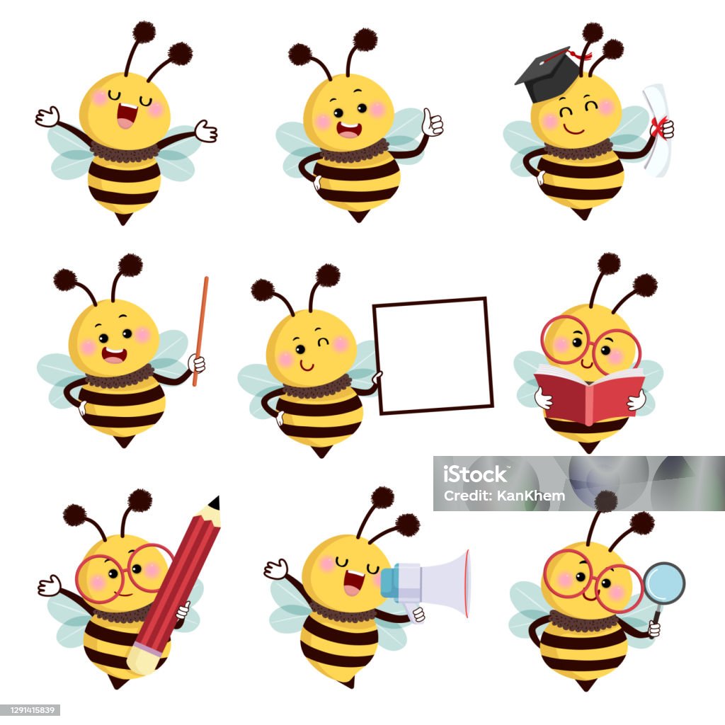 Vector illustration set of happy cartoon bee mascot characters in different poses in education concept. - Royalty-free Abelha arte vetorial