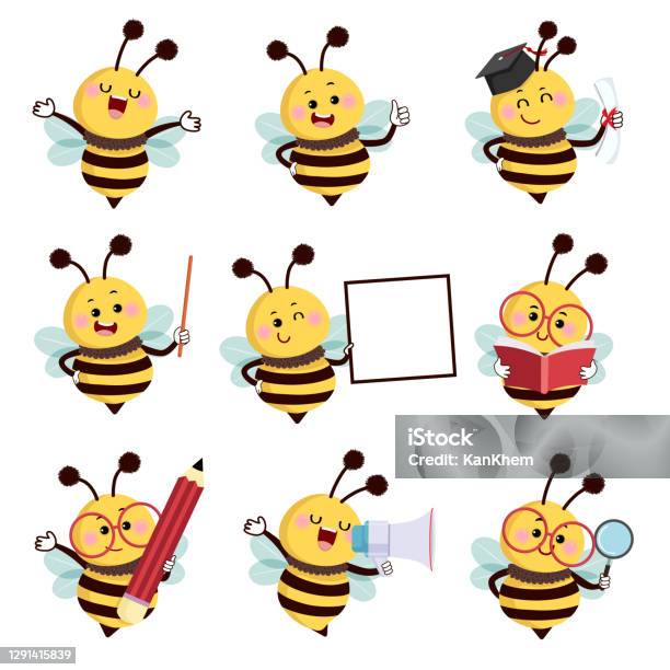 Vector Illustration Set Of Happy Cartoon Bee Mascot Characters In Different Poses In Education Concept - Arte vetorial de stock e mais imagens de Abelha