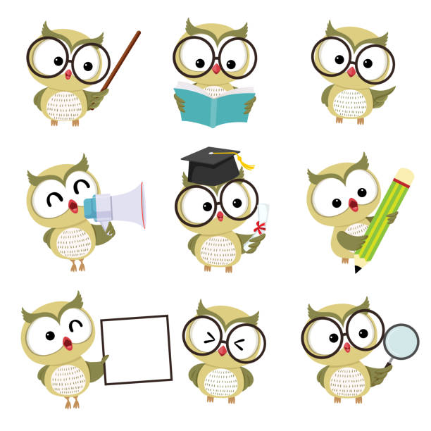 Vector illustration set of happy cartoon owl mascot characters in different poses in education concept. Vector illustration set of happy cartoon owl mascot characters in different poses in education concept. cartoon of bird with glasses stock illustrations