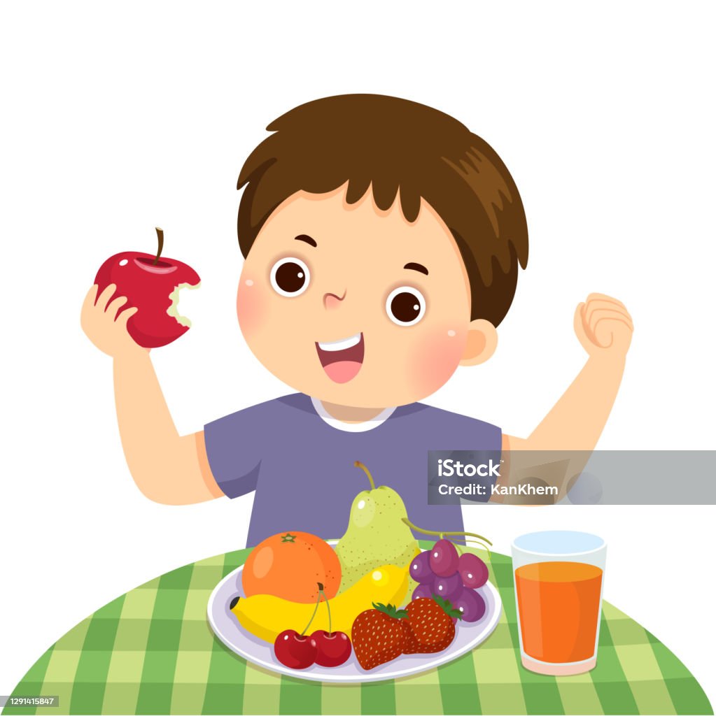 Ilustración de Ilustración Vectorial De Dibujos Animados De Un Niño Comiendo  Manzana Roja Y Mostrando Su Fuerza y más Vectores Libres de Derechos de  Comer - iStock