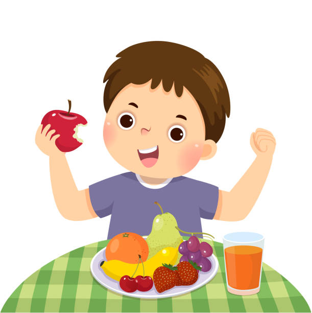illustrazioni stock, clip art, cartoni animati e icone di tendenza di illustrazione vettoriale cartone animato di un ragazzino che mangia mela rossa e mostra la sua forza. - eating