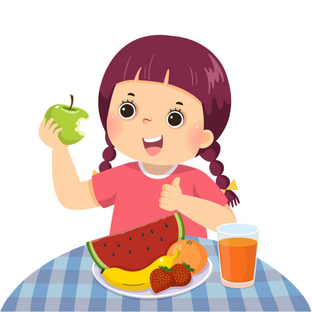 вектор иллюстрация мультфильм маленькая девочка ест зеленое яблоко и появляется большой палец вверх знак. - apple eating little girls green stock illustrations
