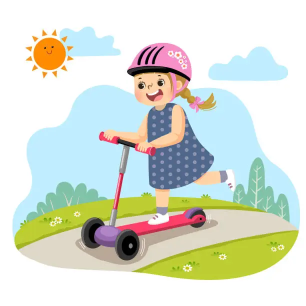 Vector illustration of Vector illustration cartoon of little girl riding three-wheeled scooter in the park.