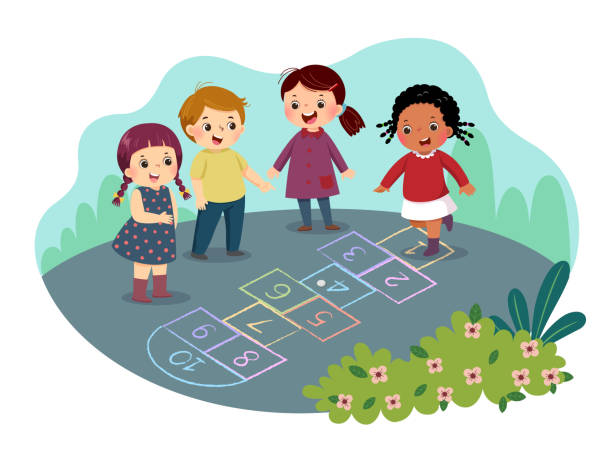 Vector illustration cartoon of kids playing hopscotch drawn with colorful chalk on asphalt in the park Vector illustration cartoon of kids playing hopscotch drawn with colorful chalk on asphalt in the park. hopscotch stock illustrations