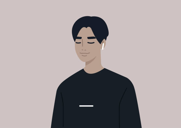 ilustrações de stock, clip art, desenhos animados e ícones de a young male asian character listening to music, calm and relaxing atmosphere, stress relief - animated cartoon music teens arts and entertainment