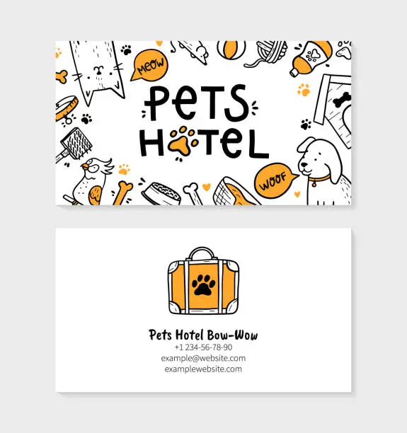 Vector illustration of Pets hotel visit card for printing in Doodle style
