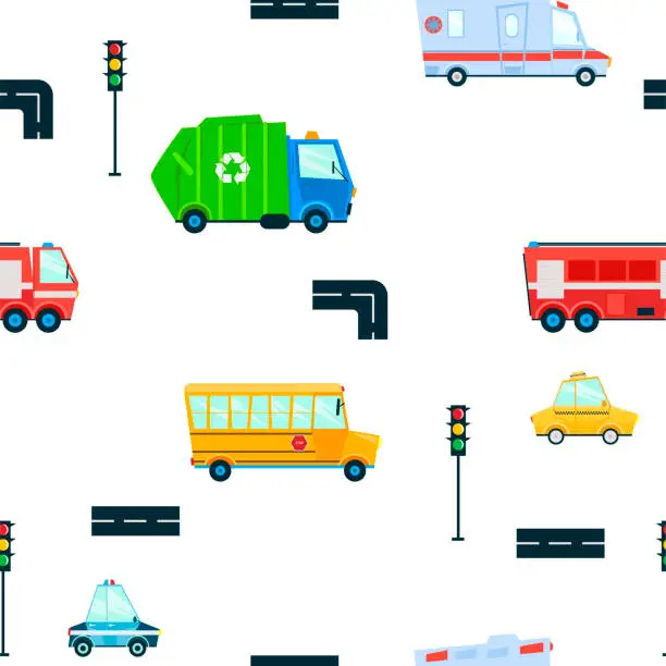 Vector illustration of Truck pattern. City service vehicles and construction equipment. Cartoon style vector illustration