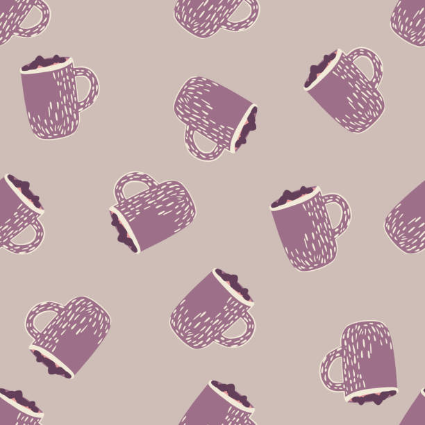 stockillustraties, clipart, cartoons en iconen met abstract naadloos krabbelpatroon met paars cacaokopornament. pastel achtergrond. de achtergrond van de vakantie. - hot chocolate purple