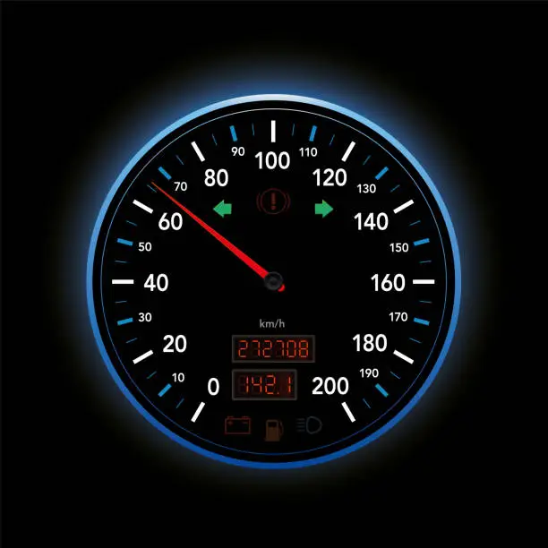Vector illustration of Speedometer, modern car display from zero to 200 kmh, with red pointer, digital mileage, turn signal indicator and warning lights. Isolated vector illustration on black background.