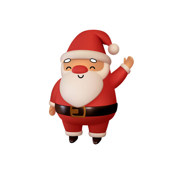 istock Joyful Santa Claus in red clothes greets and waves his hand. Realistic 3d character compatible doodle emoji elements on face. Isolated on white background for Xmas festive design. Vector illustration 1291421324