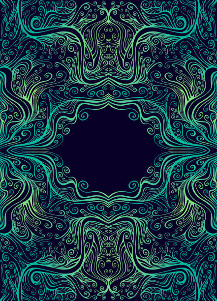 Vintage amazing symmetrical psychedelic frame with place for text, consisting of graceful curls patterns, gradient emerald yellow color contour, isolated on dark. Vintage amazing symmetrical psychedelic frame with place for text, consisting of graceful curls patterns, gradient emerald yellow color contour, isolated on dark. Fantastic decorative elegant card. Vector illustration with abstract mandala ornamental texture. inspiration borders stock illustrations