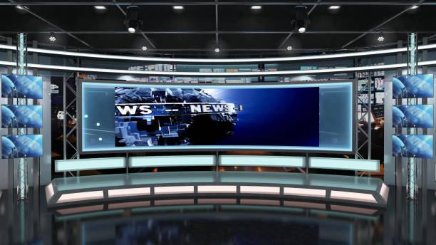 istock Virtual TV Studio News Set 1.2-13 Green screen background. 3d Rendering. 1291422374