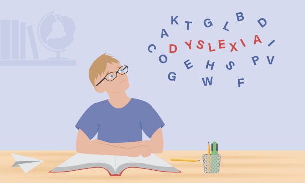 ilustrações de stock, clip art, desenhos animados e ícones de dyslexia concept - kid with reading disorder - dislexia ilustrações