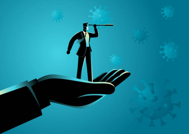 Giant hand lifting up a businessman using telescope with covid-19 viruses on the background Giant hand lifting up a businessman using telescope with covid-19 viruses on the background. Covid-19 impacts to business, business vector illustration series anticipation illustrations stock illustrations