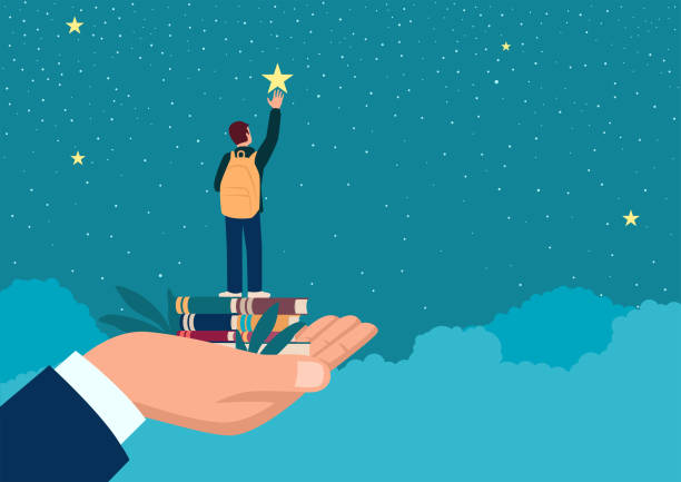 Man hand lifting up a school boy to reach for the star Simple flat vector illustration of a man hand lifting up a school boy to reach for the star, education, parents responsibility concept anticipation illustrations stock illustrations