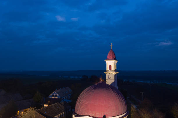 drone photo of church in palkonya at night