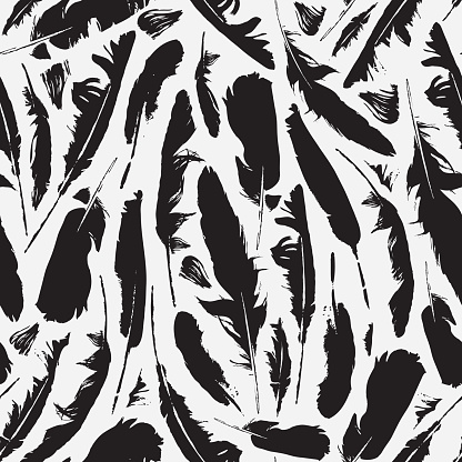 Vector seamless pattern with black bird feathers