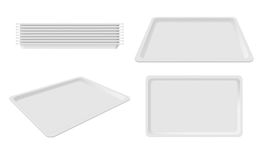 Plastic empty white tray set, blank takeout. Party plastic serving tray for home, caterers, office parties, banquet events. Vector realistic style illustration