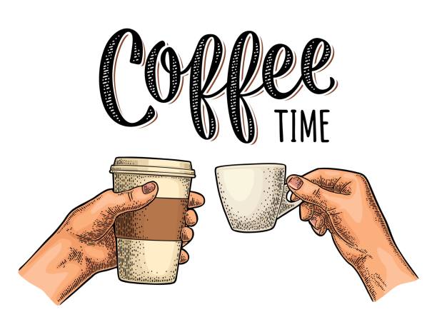 ilustrações de stock, clip art, desenhos animados e ícones de hands holding a disposable and ceramic cup. vintage color vector engraving - toast coffee