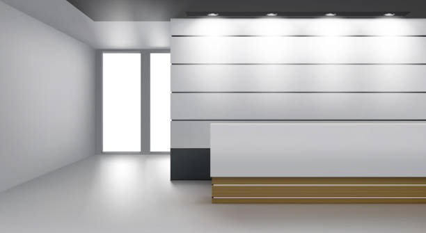 Reception interior, cozy foyer with modern desk Reception interior, cozy foyer with modern desk, lamp illumination on ceiling and glass door. Empty hall or lobby area with soft light, contemporary decor rendering, Realistic 3d vector illustration lobby office stock illustrations