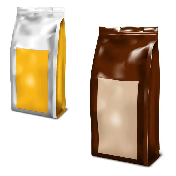 Vector illustration of Foil, paper or plastic gusseted bag with blank label - color set, realistic vector illustration. Stand up pouch. Coffee, tea, sweets vacuum package, template. Easy to recolor