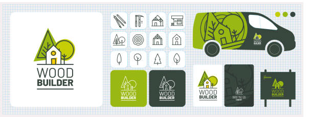 Graphic charter, visual identity, logo, advertising, business card, wood-frame home builder, carpenter, carpenter, renovation, extension, wood exterior landscaping logo and stationery elements for wood construction companies charter stock illustrations