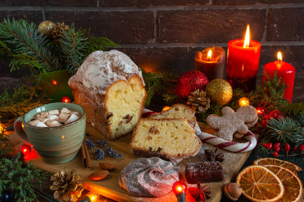 istock Christmas and New Year compositions on a brown background, Christmas cake, gingerbread. Copy space, flat lay, top point 1291436688