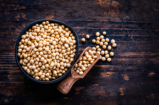 Legumes: soybeans in a black bowl shot from above on dark wooden table. A serving scoop with beans is beside the bowl. The composition is at the left of an horizontal frame leaving useful copy space for text and/or logo at the right. High resolution 42Mp studio digital capture taken with Sony A7rII and Sony FE 90mm f2.8 macro G OSS lens