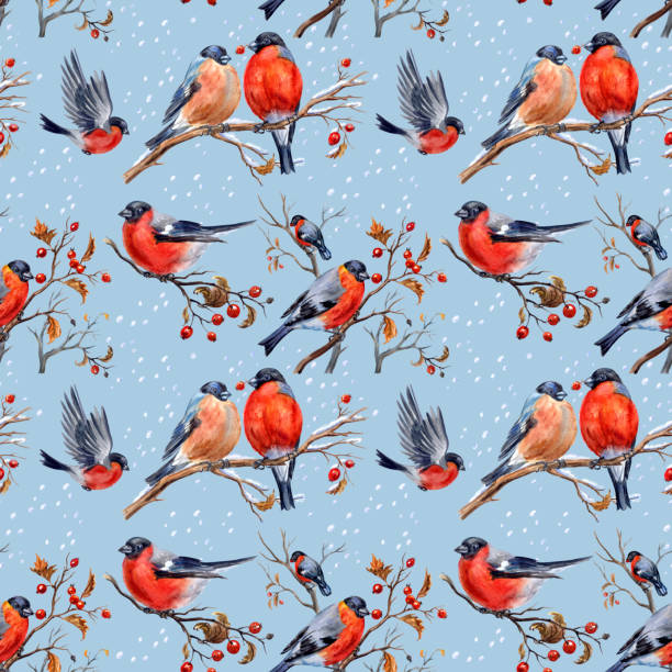 Bullfinches seamless pattern, watercolor illustration Bullfinches seamless pattern, watercolor illustration, New Year, Christmas print for fabric, background for various designs. winter cloth pictures stock illustrations