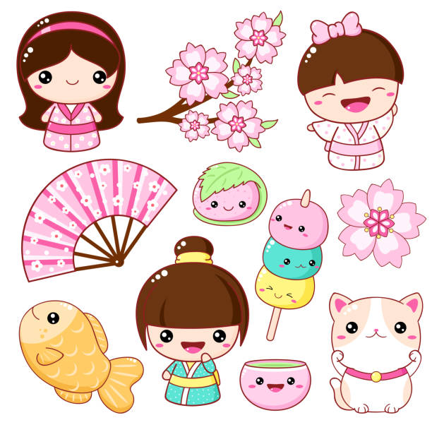 satz von niedlichen ikonen im kawaii-stil - kawaii stock-grafiken, -clipart, -cartoons und -symbole