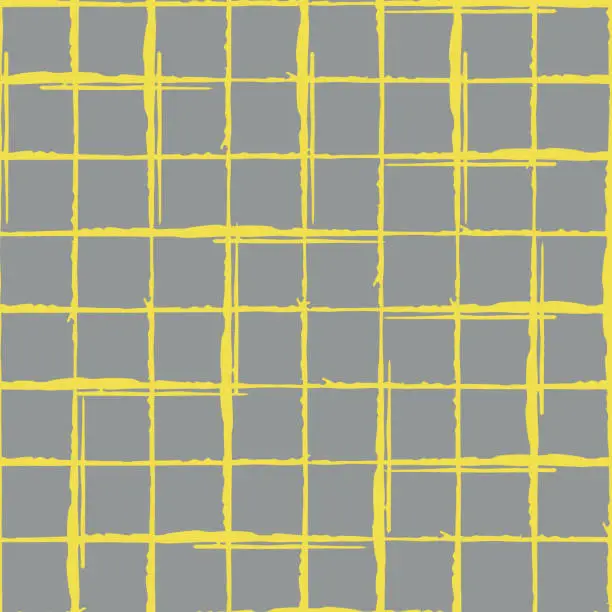 Vector illustration of Grunge line vector seamless grid pattern background. Organic irregular lines.Painterly ink brush stroke style weave backdrop. Criss cross burlap effect geometric design.Yellow grey all over print