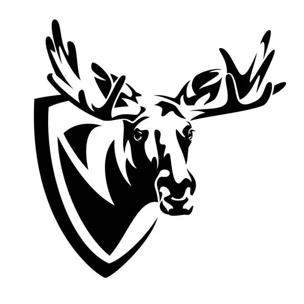 Vector illustration of moose deer head and heraldic shield black vector outline