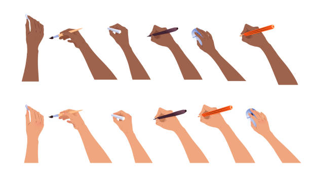 Vector collection of hands Vector collection of hands with brush, pencil and chalk isolated on white background. person writing on notepad stock illustrations