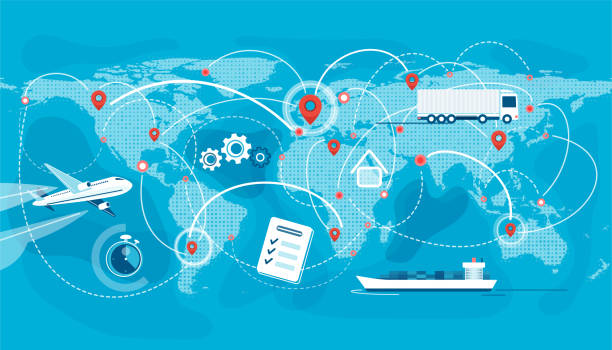 Shipping, logistic supply chain vector illustration. Export, import concept background with global earth map, pointers and connections. Plane, truck, cargo boat delivery symbols Shipping, logistic supply chain vector illustration. Export, import concept background with global earth map, pointers and connections. Plane, truck, cargo boat delivery symbols. global logistics infographic stock illustrations