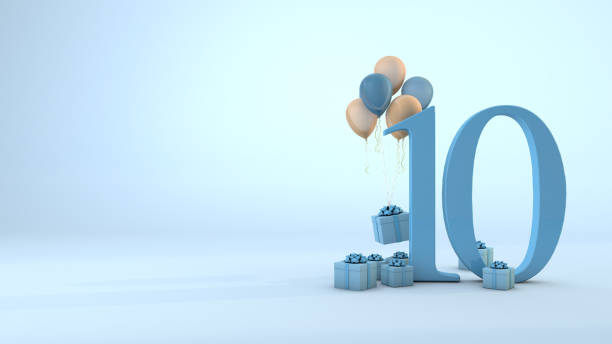 istock Number 10 birthday celebration blue gift box and pink balloons. 3D Render 1291448449