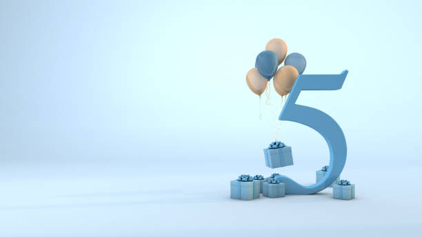 numero 5 festa regalo blu e palloncini rosa. rendering 3d - fifth birthday foto e immagini stock