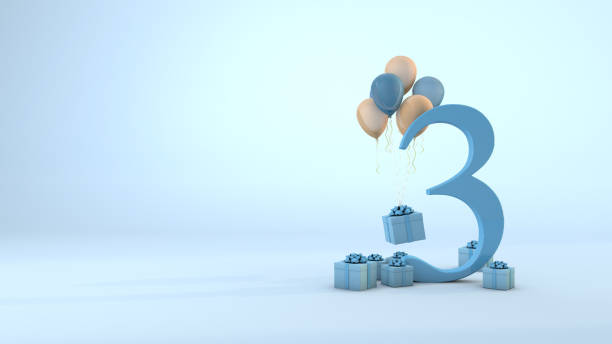 istock Number 3 birthday celebration blue gift box and pink balloons. 3D Render 1291448457