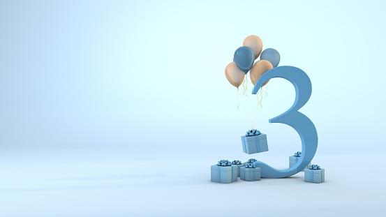 Number 3 birthday celebration blue gift box and pink balloons. 3D Render