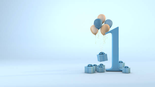 istock Number 1 birthday celebration blue gift box and pink balloons. 3D Render 1291448480