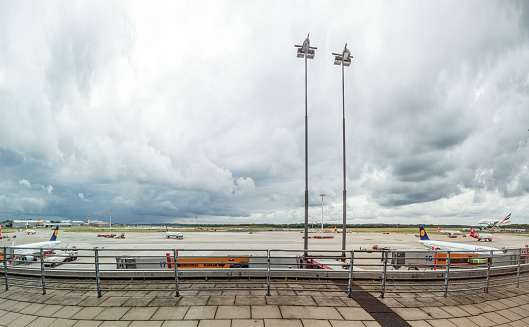 Hamburg, Germany - June 18, 2015:  view to apron at the gate in Terminal 2 in Hamburg, Germany. Terminal 2 was completed in 1993 and houses Lufthansa and other Star Alliance partners.