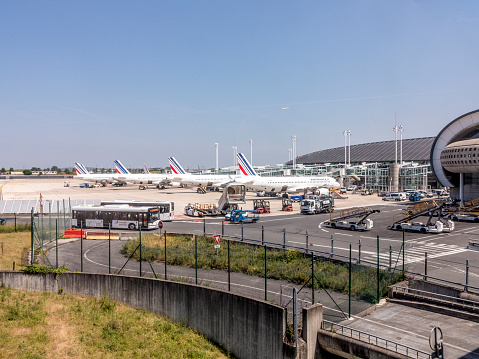Paris, France - June 11, 2015: air france aircraft parks at the new Terminal of Charles de Gaulle airport in Paris, France.