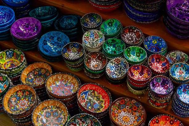 istock Traditional turkish crockery at oriental bazaar. Souvenirs from Turkey 1291452824