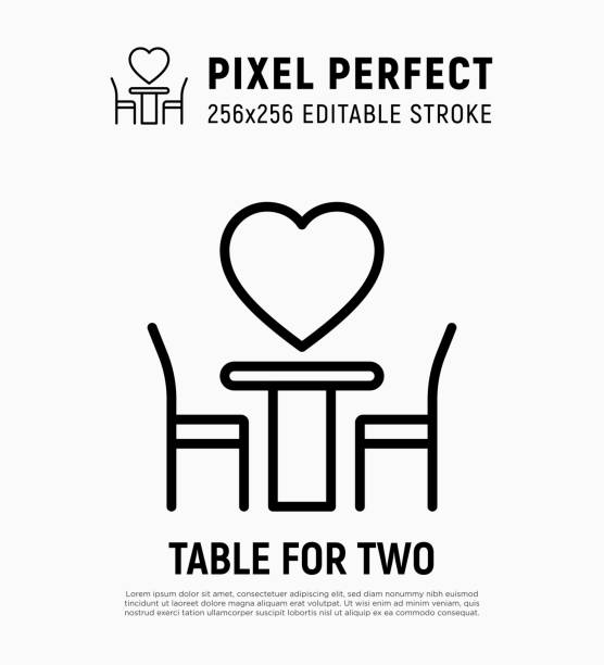 ilustrações, clipart, desenhos animados e ícones de jantar romântico: mesa para dois no dia dos namorados. pixel perfeito, traço editável. ícone de linha fina. ilustração vetorial. - table restaurant chair people