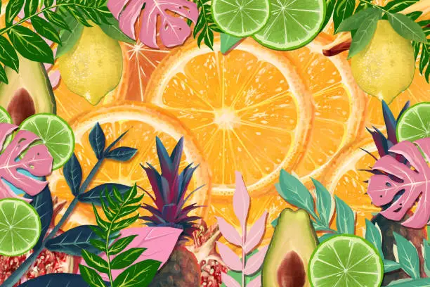 Vector illustration of Realistic citrus fruit and tropical floral