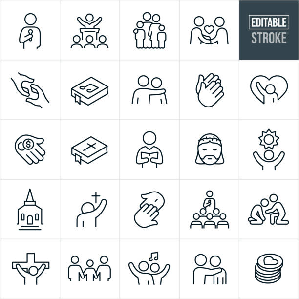 Worship Thin Line Icons - Editable Stroke A set of worship icons that include editable strokes or outlines using the EPS vector file. The icons include a pastor giving sermon, a religious leader giving sermon to a congregation, family of four, handshake, two hands reaching out to one another, hymnal, person with arm around the shoulder of another person, two hands together in prayer, downtrodden person, sad person, hand with coins to pay tithing, bible, choir director, Jesus Christ, hope, church building, people worshiping, person teaching Sunday school, person helping a depressed person, Christ on the cross, Crucifixion, family holding hands, people singing and other related icons. church black and white people praying stock illustrations