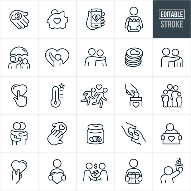 Charitable Giving Line Icons - Editable Stroke A set of charitable giving icons that include editable strokes or outlines using the EPS vector file. The icons include a hand giving a monetary donation, piggy bank with heart, donation given using smartphone, person giving bag of groceries, person holding an open umbrella over the head of another person, person with arm around another person, coins with a heart, online charitable donation, raising money, charitable giving goal, hand putting coins in a donation jar, family of four, two people hugging, donation jar with coins, hand reaching out to another hand, charity race benefit, person holding a heart shape, person giving donation using a credit card, person giving a gift and a person receiving coins in a cup as a donation. social services stock illustrations