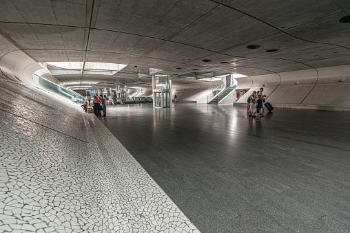 Lisbon, Portugal - July 25 2016: Underground walkway at the Oriente Metro and railway station.