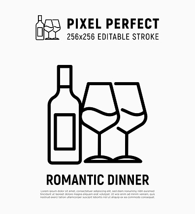 Romantic dinner for two person in Valentine's day. Wine bottle and two glasses thin line icon. Pixel perfect, editable stroke. Vector illustration.