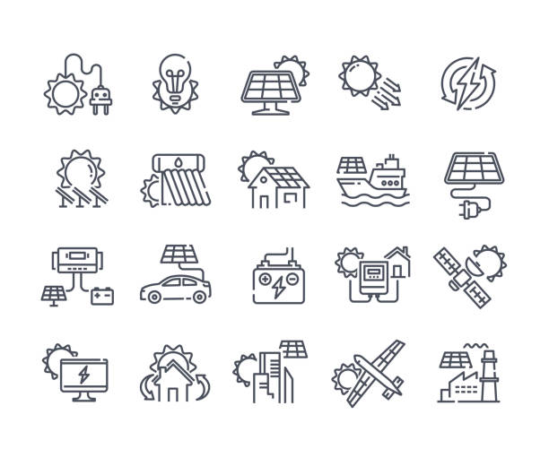 Solar panel outline icon set Solar panel outline icon set. Sun power photovoltaic PV home system and renewable electric energy technology editable stroke line signs house, cell, battery, vehicle, aircraft and spacecraft, ship solar panel stock illustrations